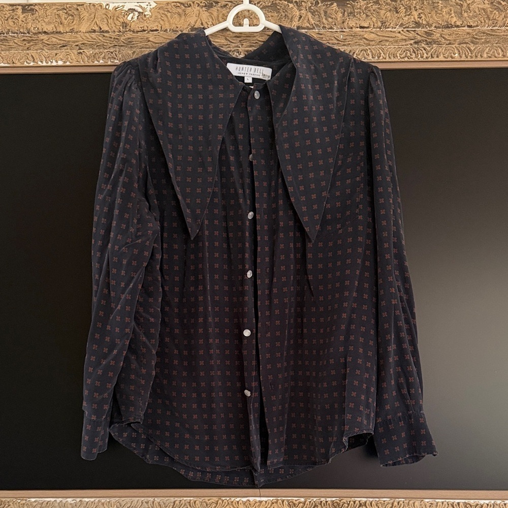 HUNTER BELL Black Button-Down Top with Red Micro Print